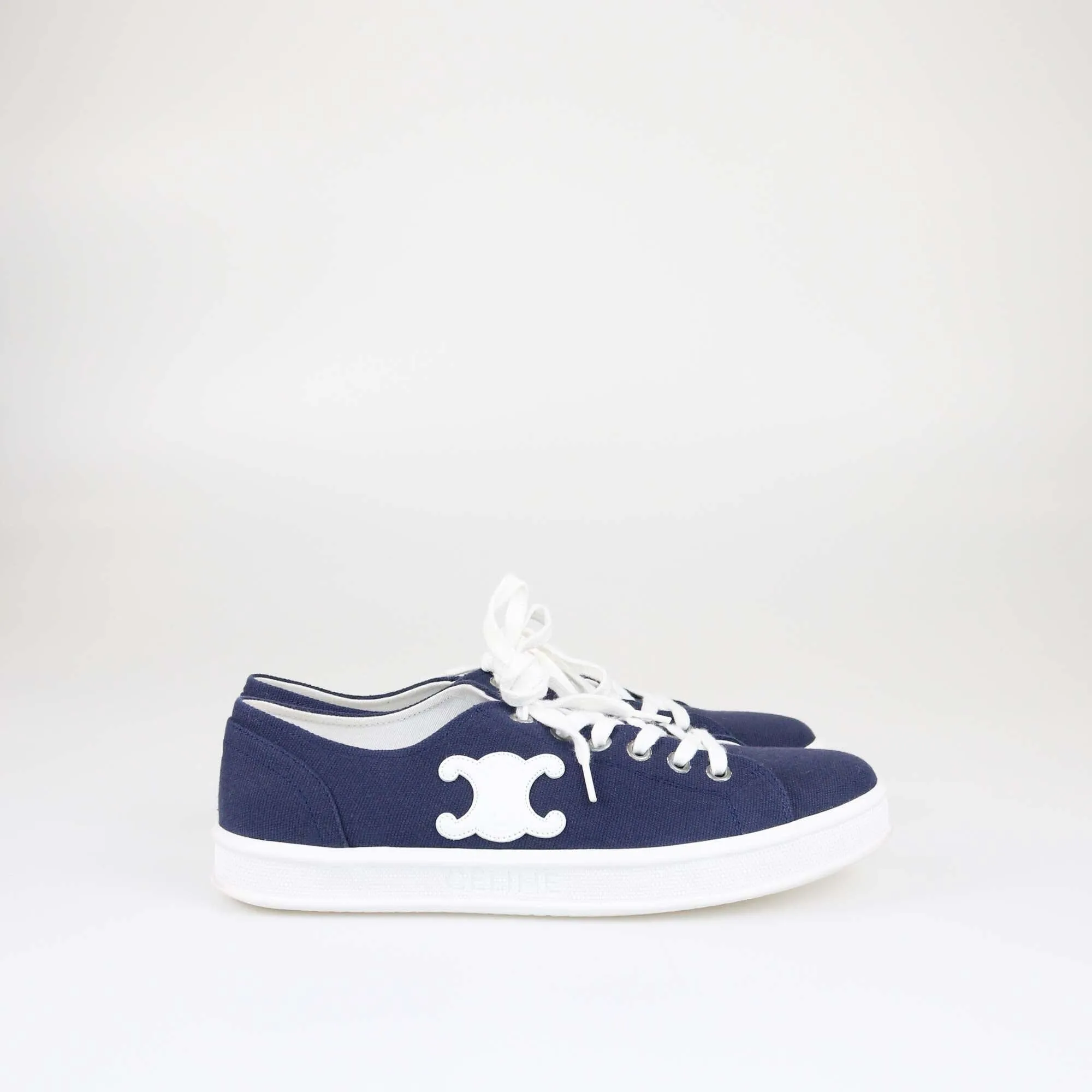 Celine Navy Blue Triomphe Jane Lace Up Low Sneakers