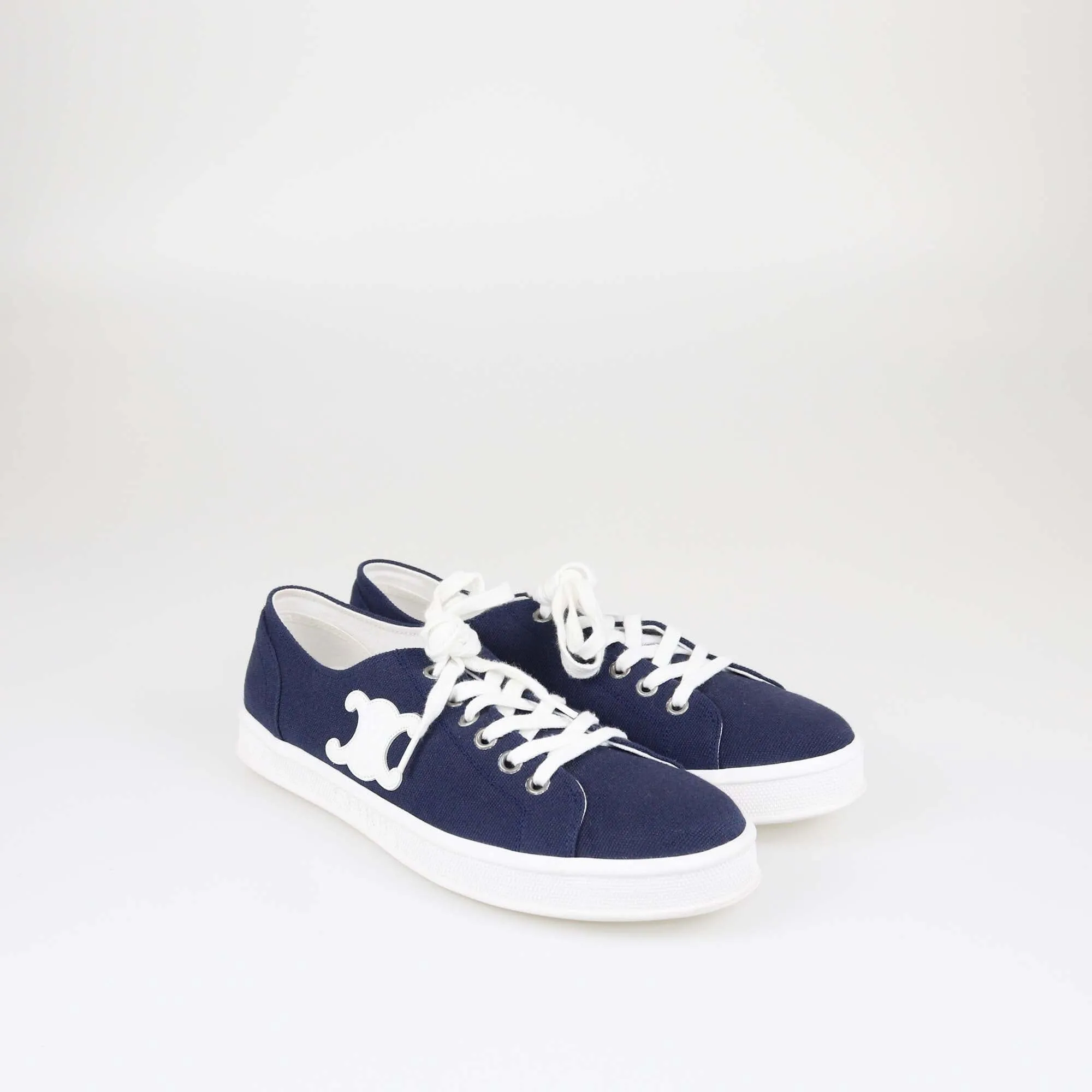 Celine Navy Blue Triomphe Jane Lace Up Low Sneakers