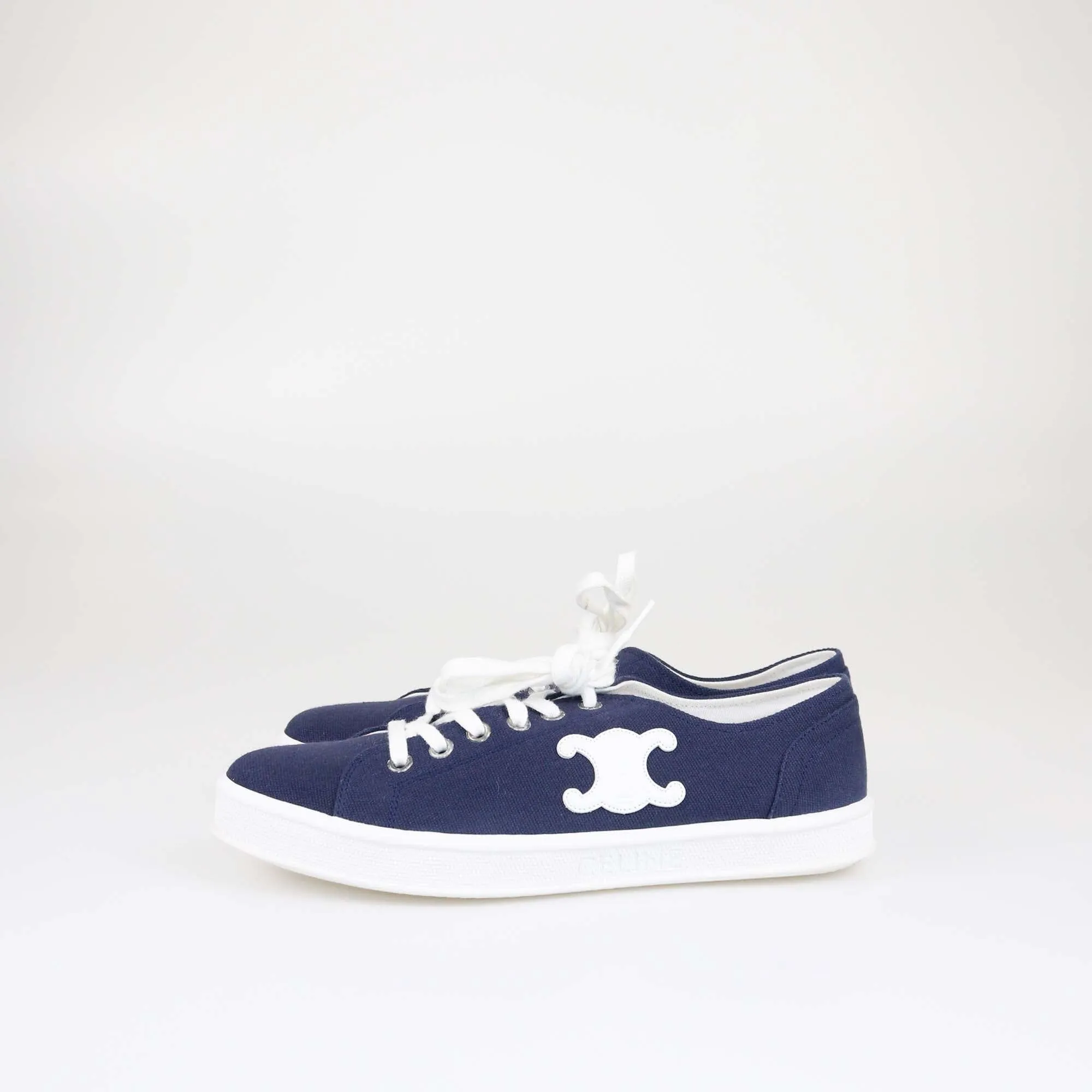 Celine Navy Blue Triomphe Jane Lace Up Low Sneakers