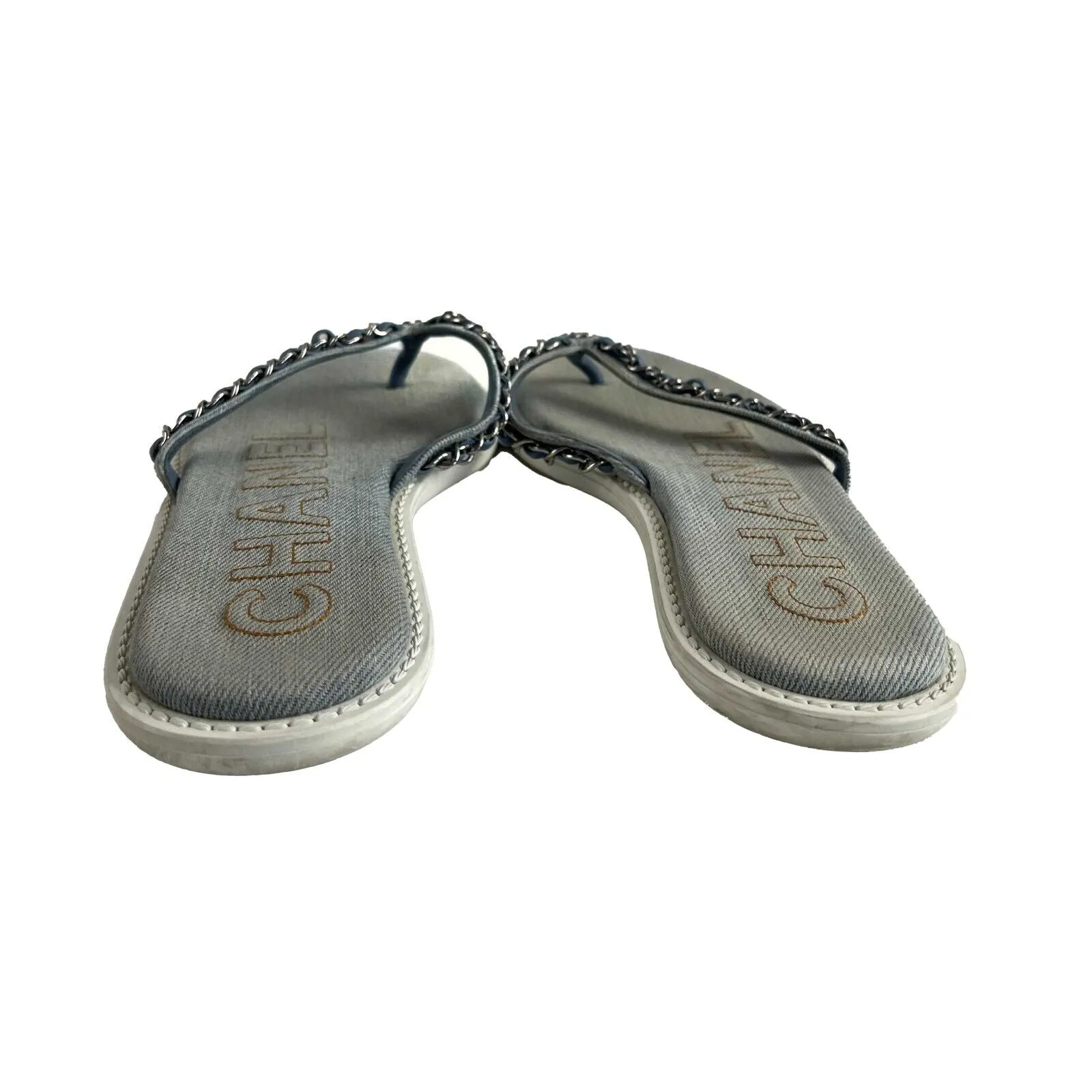 Chanel 2020 Interlocking CC Logo Denim Flip Flops 36 US 6 Good BlueWhite