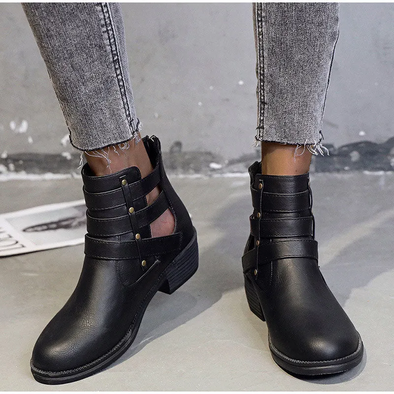 elveswallet Breathable Square Heels Hollow Out Ankle Boots